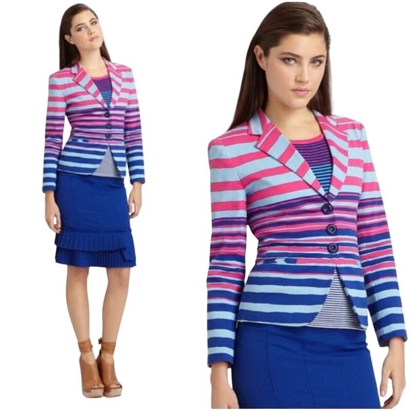 New Nanette Lepore Striped Fitted Blazer Deep Sea Blue/Pink Size 2 Careerwear